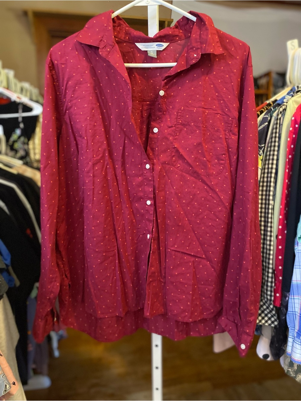 Old Navy Burgundy Button-Down Shirt with Tiny Dot Print
